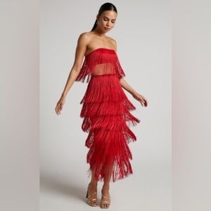 Showpo Amalee TWO PIECE SET - FRINGE STRAPLESS CROP TOP MIDI SKIRT IN RED
